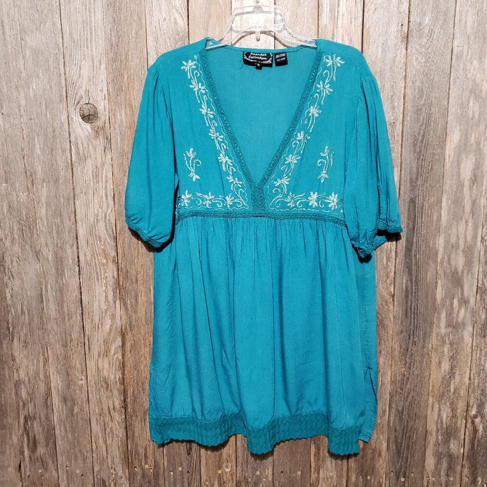 Amandas Collection XL Women's‎ Mini Dress Teal Embroidered Lace Trim Swing Boho